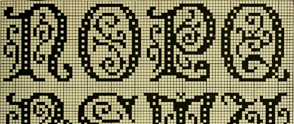 An illustration from The Priscilla filet crochet book : a collection of beautiful designs in filet crochet, equally adapted to cross-stitch beads and canvas with working directions, 1915, leaf 52