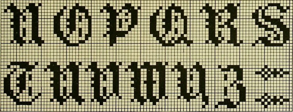 An illustration from The Priscilla filet crochet book : a collection of beautiful designs in filet crochet, equally adapted to cross-stitch beads and canvas with working directions, 1915, leaf 52