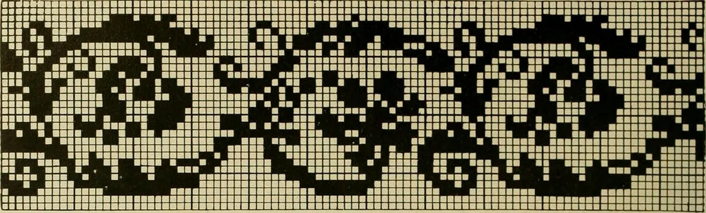 An illustration from The Priscilla filet crochet book : a collection of beautiful designs in filet crochet, equally adapted to cross-stitch beads and canvas with working directions, 1915, leaf 53