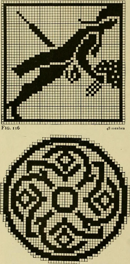 An illustration from The Priscilla filet crochet book : a collection of beautiful designs in filet crochet, equally adapted to cross-stitch beads and canvas with working directions, 1915, leaf 53