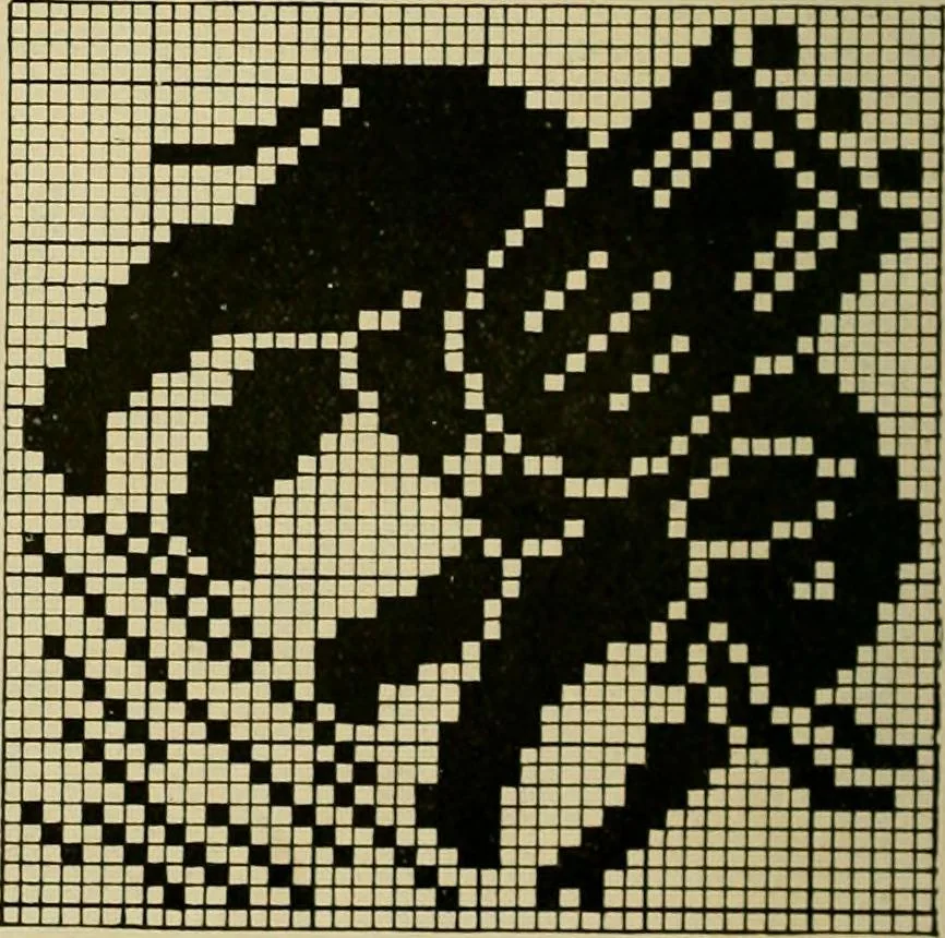 An illustration from The Priscilla filet crochet book : a collection of beautiful designs in filet crochet, equally adapted to cross-stitch beads and canvas with working directions, 1915, leaf 53