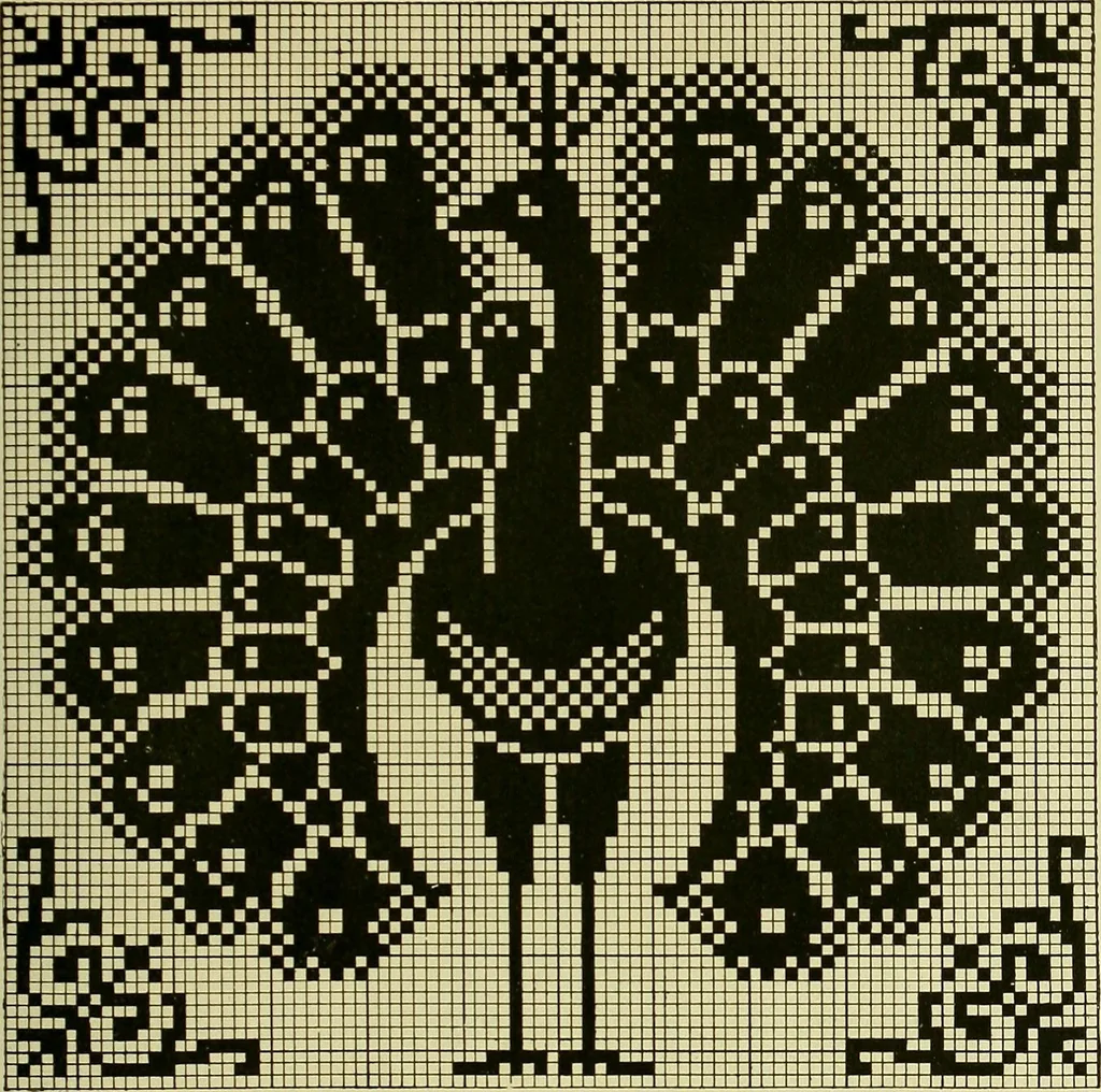An illustration from The Priscilla filet crochet book : a collection of beautiful designs in filet crochet, equally adapted to cross-stitch beads and canvas with working directions, 1915, leaf 54