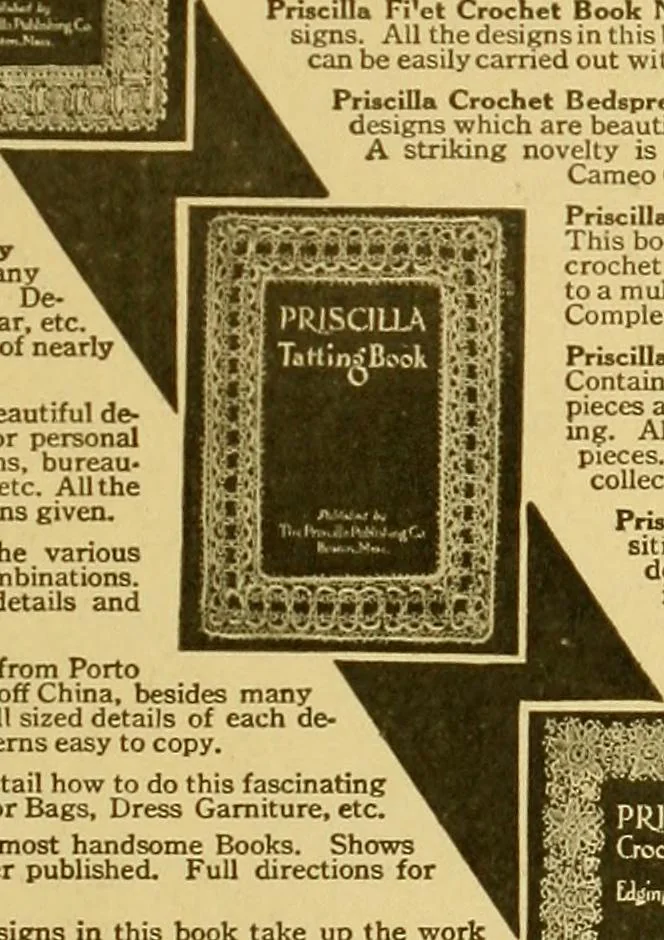 An illustration from The Priscilla filet crochet book : a collection of beautiful designs in filet crochet, equally adapted to cross-stitch beads and canvas with working directions, 1915, leaf 56