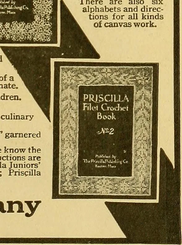 An illustration from The Priscilla filet crochet book : a collection of beautiful designs in filet crochet, equally adapted to cross-stitch beads and canvas with working directions, 1915, leaf 56
