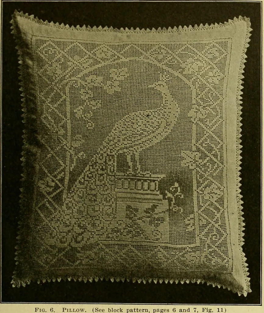 An illustration from The Priscilla filet crochet book, no. 2 ; a collection of beautiful designs in filet crochet, introducing filet crochet brodé, embroidery on crochet and cameo crochet, 1914, leaf 10