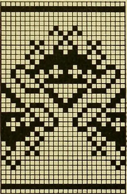 An illustration from The Priscilla filet crochet book, no. 2 ; a collection of beautiful designs in filet crochet, introducing filet crochet brodé, embroidery on crochet and cameo crochet, 1914, leaf 10