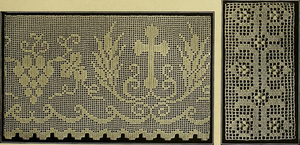 An illustration from The Priscilla filet crochet book, no. 2 ; a collection of beautiful designs in filet crochet, introducing filet crochet brodé, embroidery on crochet and cameo crochet, 1914, leaf 10