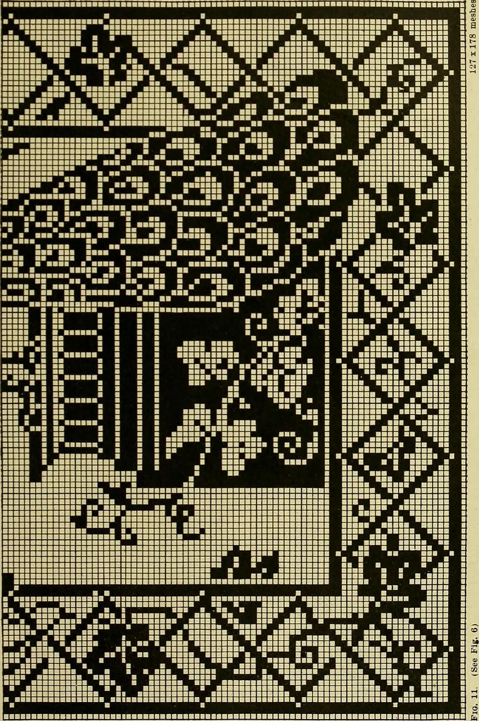 An illustration from The Priscilla filet crochet book, no. 2 ; a collection of beautiful designs in filet crochet, introducing filet crochet brodé, embroidery on crochet and cameo crochet, 1914, leaf 12
