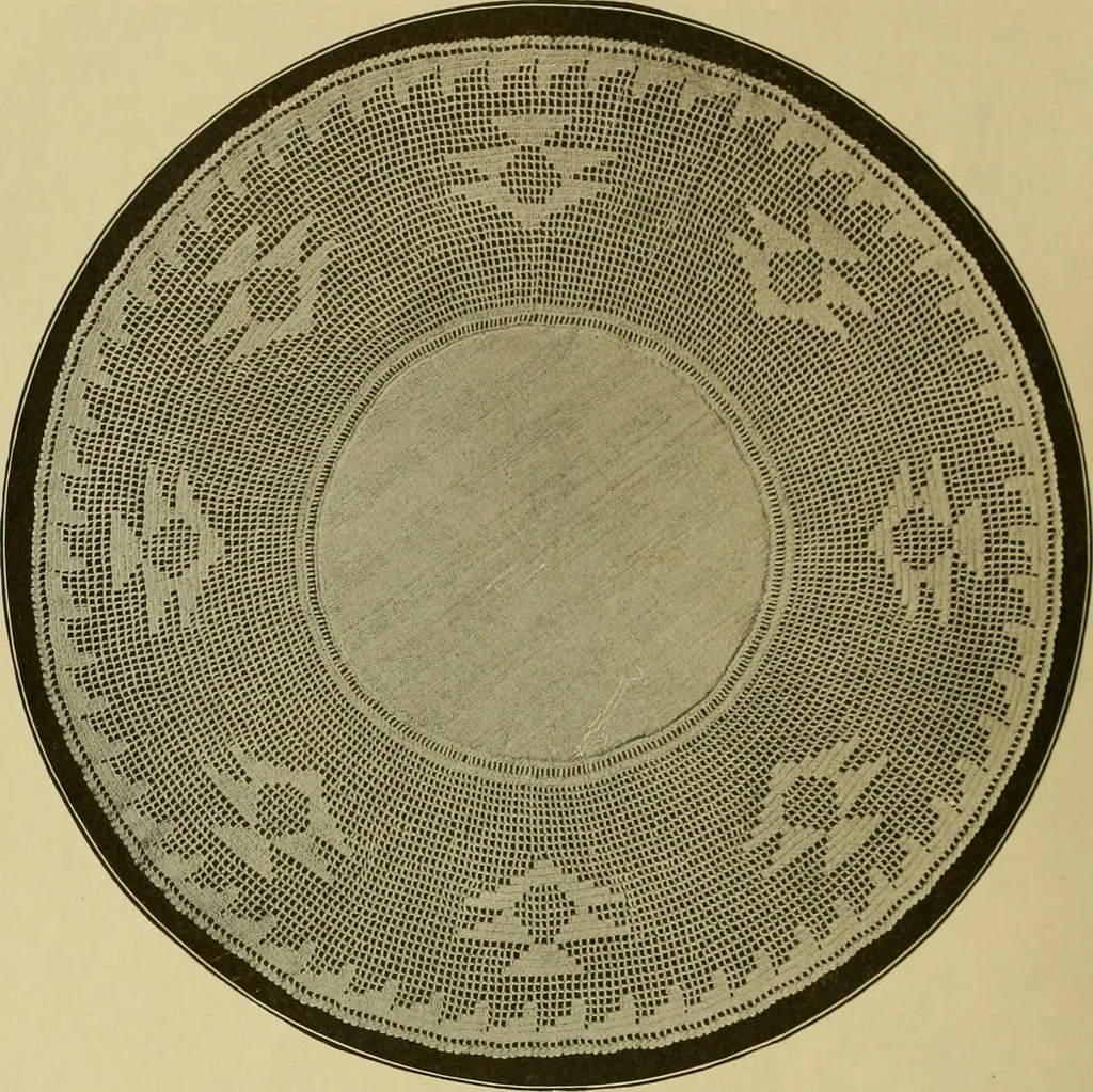 An illustration from The Priscilla filet crochet book, no. 2 ; a collection of beautiful designs in filet crochet, introducing filet crochet brodé, embroidery on crochet and cameo crochet, 1914, leaf 15