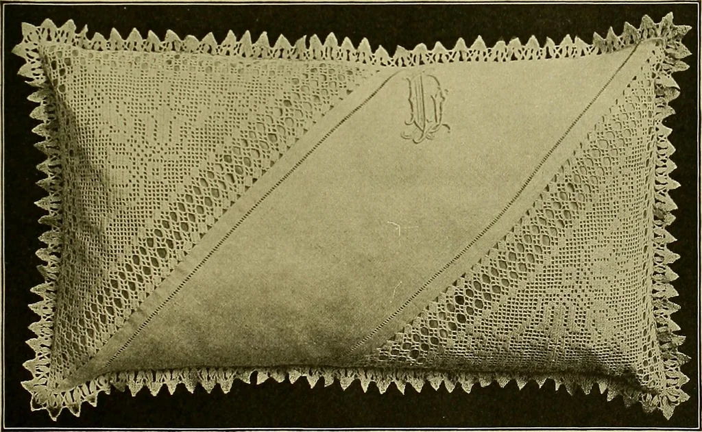 An illustration from The Priscilla filet crochet book, no. 2 ; a collection of beautiful designs in filet crochet, introducing filet crochet brodé, embroidery on crochet and cameo crochet, 1914, leaf 16