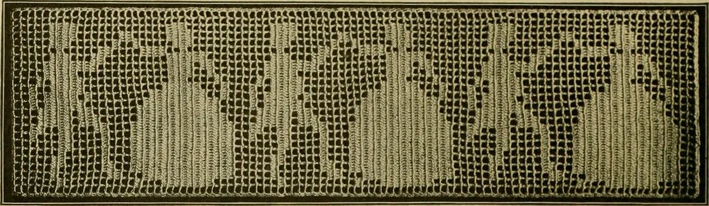An illustration from The Priscilla filet crochet book, no. 2 ; a collection of beautiful designs in filet crochet, introducing filet crochet brodé, embroidery on crochet and cameo crochet, 1914, leaf 17