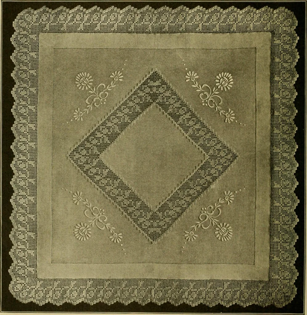 An illustration from The Priscilla filet crochet book, no. 2 ; a collection of beautiful designs in filet crochet, introducing filet crochet brodé, embroidery on crochet and cameo crochet, 1914, leaf 17