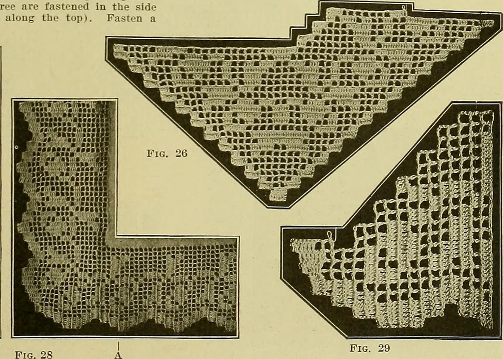 An illustration from The Priscilla filet crochet book, no. 2 ; a collection of beautiful designs in filet crochet, introducing filet crochet brodé, embroidery on crochet and cameo crochet, 1914, leaf 18