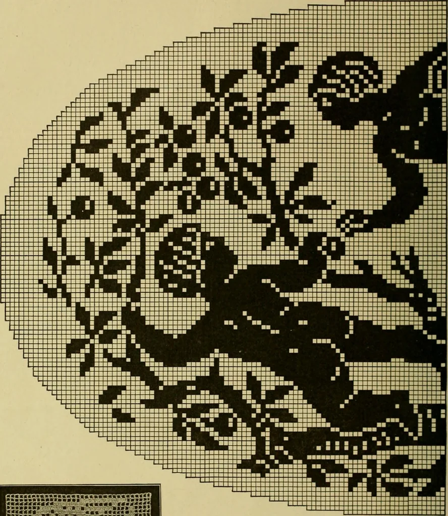 An illustration from The Priscilla filet crochet book, no. 2 ; a collection of beautiful designs in filet crochet, introducing filet crochet brodé, embroidery on crochet and cameo crochet, 1914, leaf 19