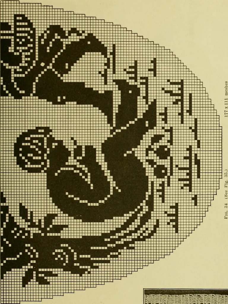 An illustration from The Priscilla filet crochet book, no. 2 ; a collection of beautiful designs in filet crochet, introducing filet crochet brodé, embroidery on crochet and cameo crochet, 1914, leaf 20