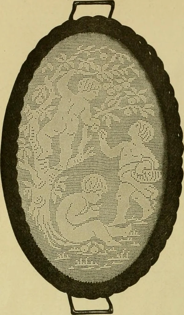 An illustration from The Priscilla filet crochet book, no. 2 ; a collection of beautiful designs in filet crochet, introducing filet crochet brodé, embroidery on crochet and cameo crochet, 1914, leaf 21