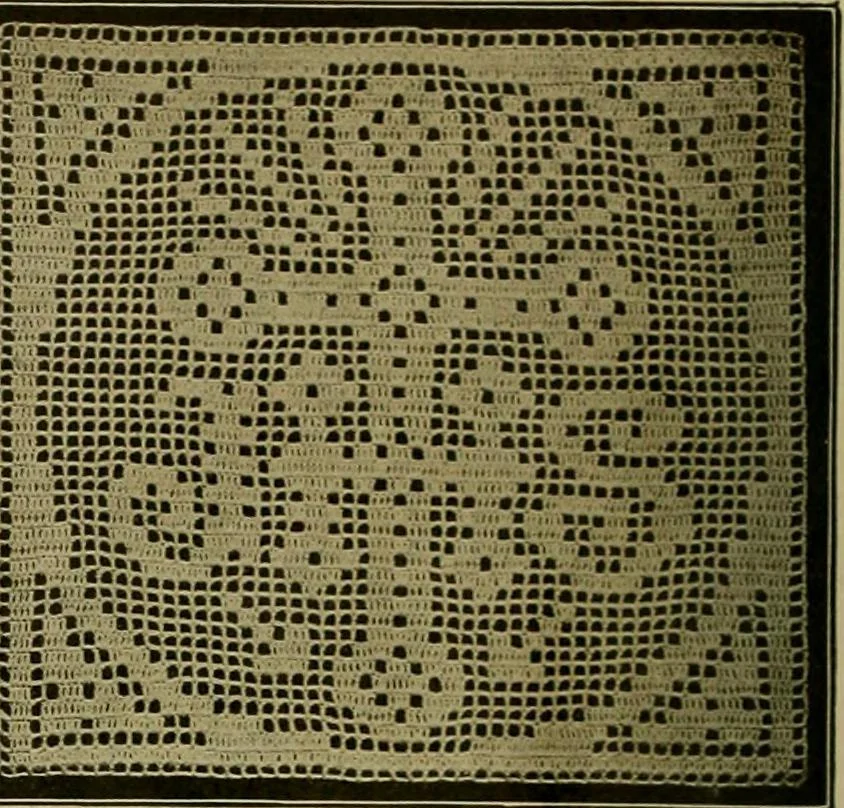 An illustration from The Priscilla filet crochet book, no. 2 ; a collection of beautiful designs in filet crochet, introducing filet crochet brodé, embroidery on crochet and cameo crochet, 1914, leaf 21