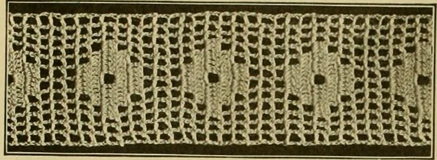 An illustration from The Priscilla filet crochet book, no. 2 ; a collection of beautiful designs in filet crochet, introducing filet crochet brodé, embroidery on crochet and cameo crochet, 1914, leaf 23