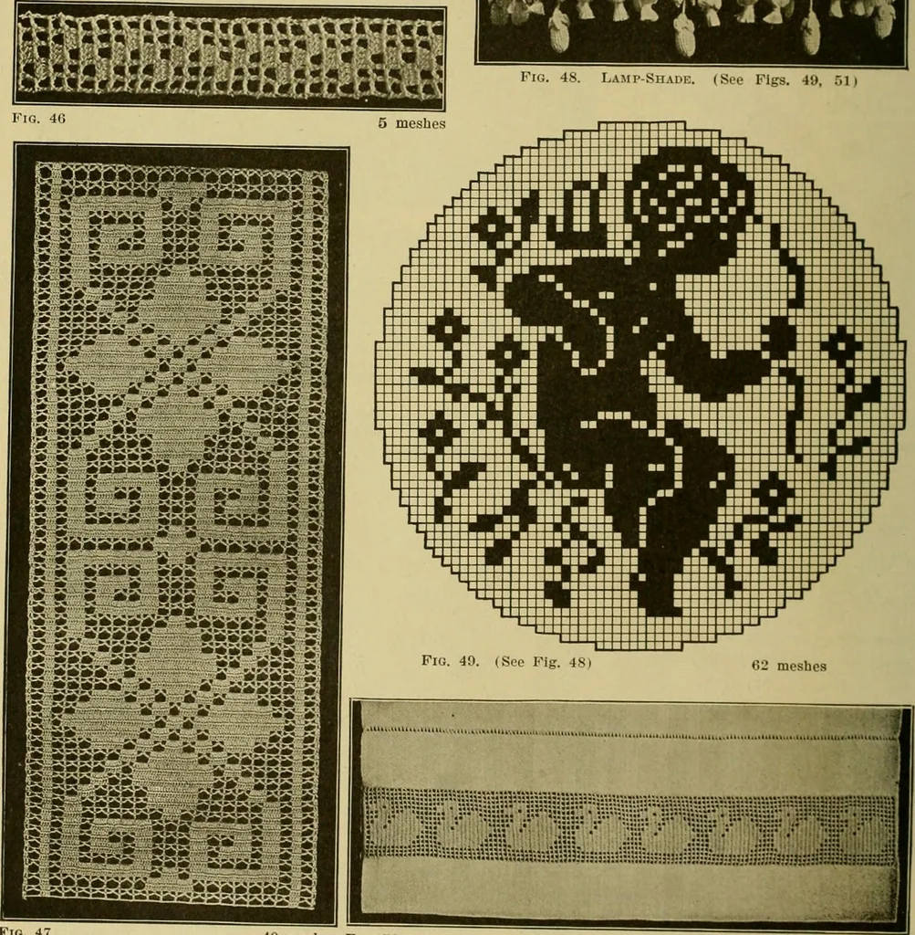 An illustration from The Priscilla filet crochet book, no. 2 ; a collection of beautiful designs in filet crochet, introducing filet crochet brodé, embroidery on crochet and cameo crochet, 1914, leaf 23