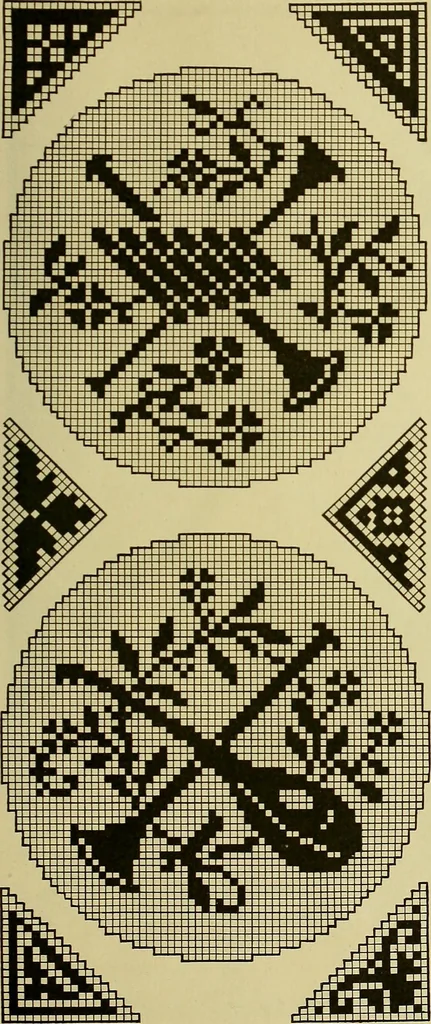 An illustration from The Priscilla filet crochet book, no. 2 ; a collection of beautiful designs in filet crochet, introducing filet crochet brodé, embroidery on crochet and cameo crochet, 1914, leaf 24