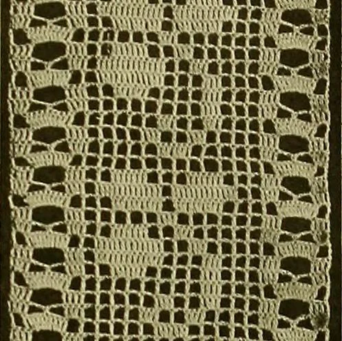 An illustration from The Priscilla filet crochet book, no. 2 ; a collection of beautiful designs in filet crochet, introducing filet crochet brodé, embroidery on crochet and cameo crochet, 1914, leaf 24