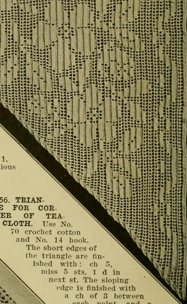 An illustration from The Priscilla filet crochet book, no. 2 ; a collection of beautiful designs in filet crochet, introducing filet crochet brodé, embroidery on crochet and cameo crochet, 1914, leaf 25