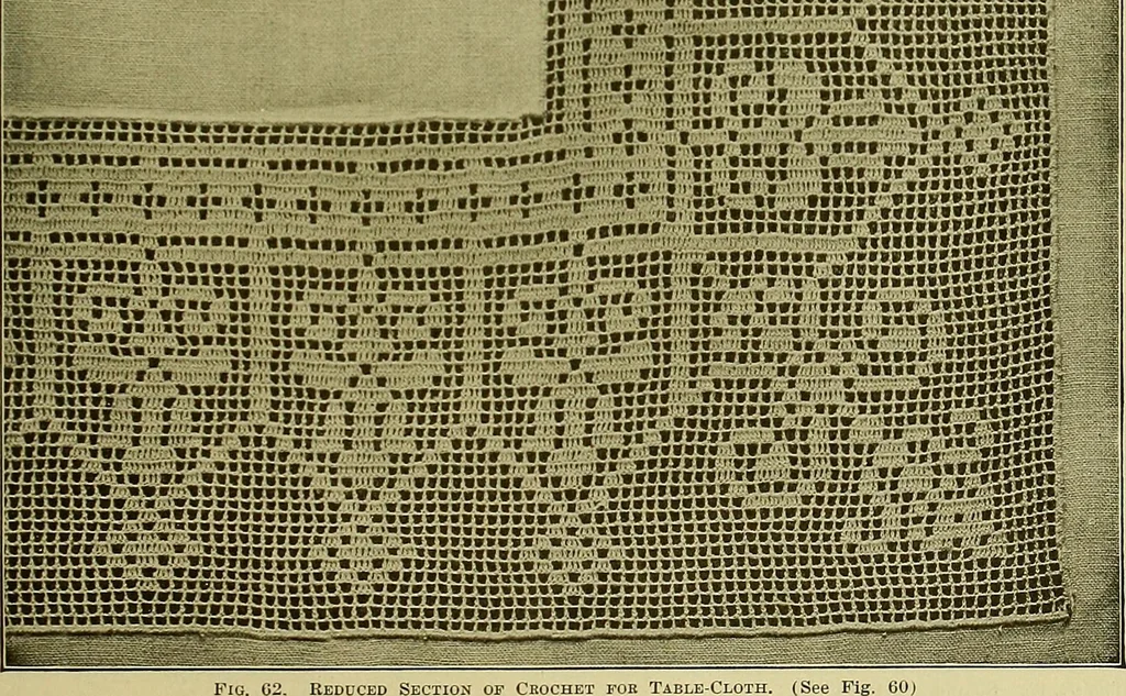 An illustration from The Priscilla filet crochet book, no. 2 ; a collection of beautiful designs in filet crochet, introducing filet crochet brodé, embroidery on crochet and cameo crochet, 1914, leaf 28