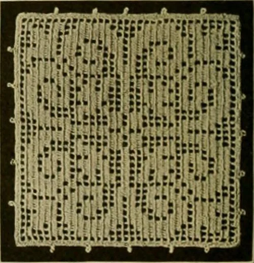 An illustration from The Priscilla filet crochet book, no. 2 ; a collection of beautiful designs in filet crochet, introducing filet crochet brodé, embroidery on crochet and cameo crochet, 1914, leaf 29