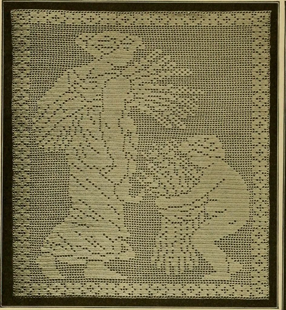 An illustration from The Priscilla filet crochet book, no. 2 ; a collection of beautiful designs in filet crochet, introducing filet crochet brodé, embroidery on crochet and cameo crochet, 1914, leaf 31