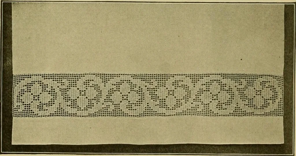 An illustration from The Priscilla filet crochet book, no. 2 ; a collection of beautiful designs in filet crochet, introducing filet crochet brodé, embroidery on crochet and cameo crochet, 1914, leaf 31