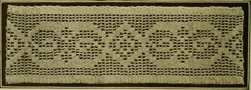 An illustration from The Priscilla filet crochet book, no. 2 ; a collection of beautiful designs in filet crochet, introducing filet crochet brodé, embroidery on crochet and cameo crochet, 1914, leaf 31