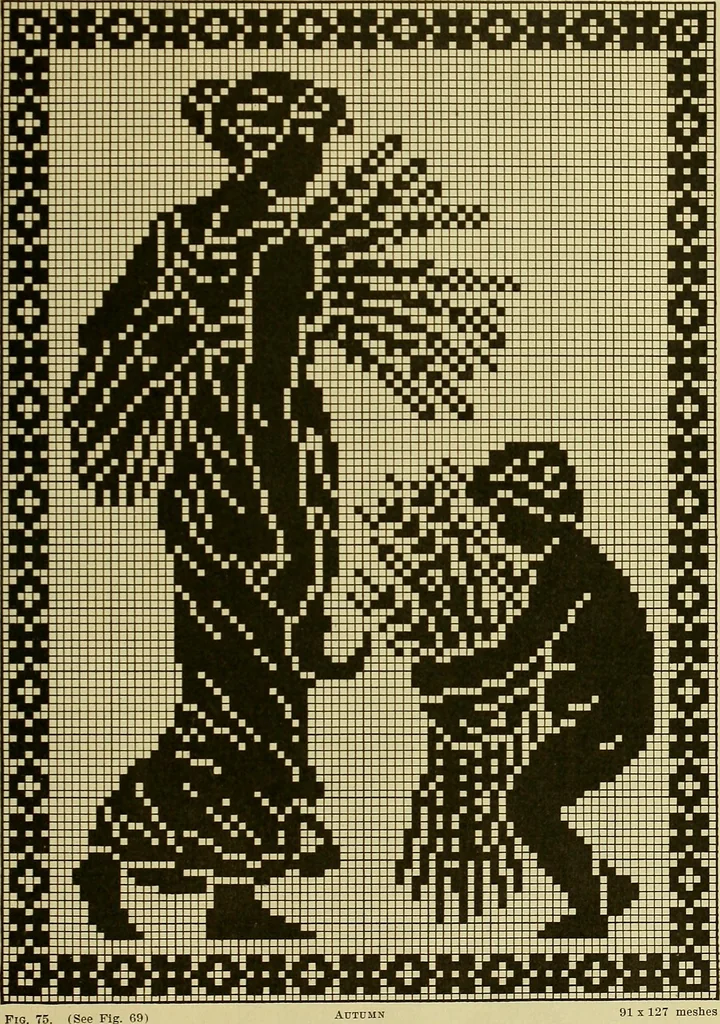 An illustration from The Priscilla filet crochet book, no. 2 ; a collection of beautiful designs in filet crochet, introducing filet crochet brodé, embroidery on crochet and cameo crochet, 1914, leaf 32