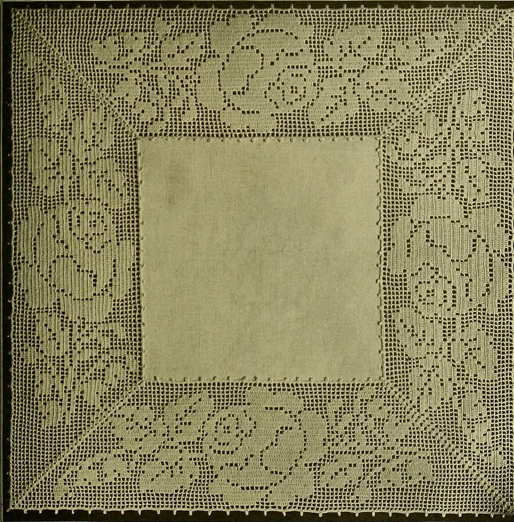 An illustration from The Priscilla filet crochet book, no. 2 ; a collection of beautiful designs in filet crochet, introducing filet crochet brodé, embroidery on crochet and cameo crochet, 1914, leaf 34