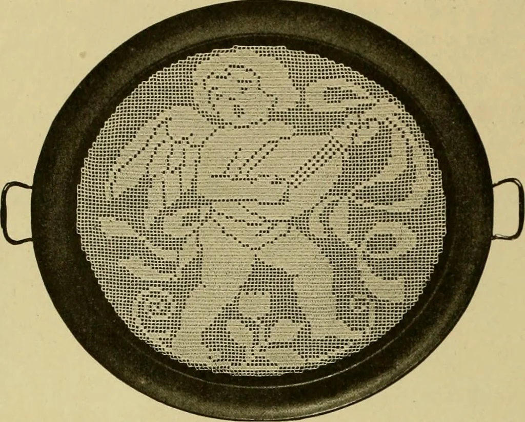 An illustration from The Priscilla filet crochet book, no. 2 ; a collection of beautiful designs in filet crochet, introducing filet crochet brodé, embroidery on crochet and cameo crochet, 1914, leaf 35
