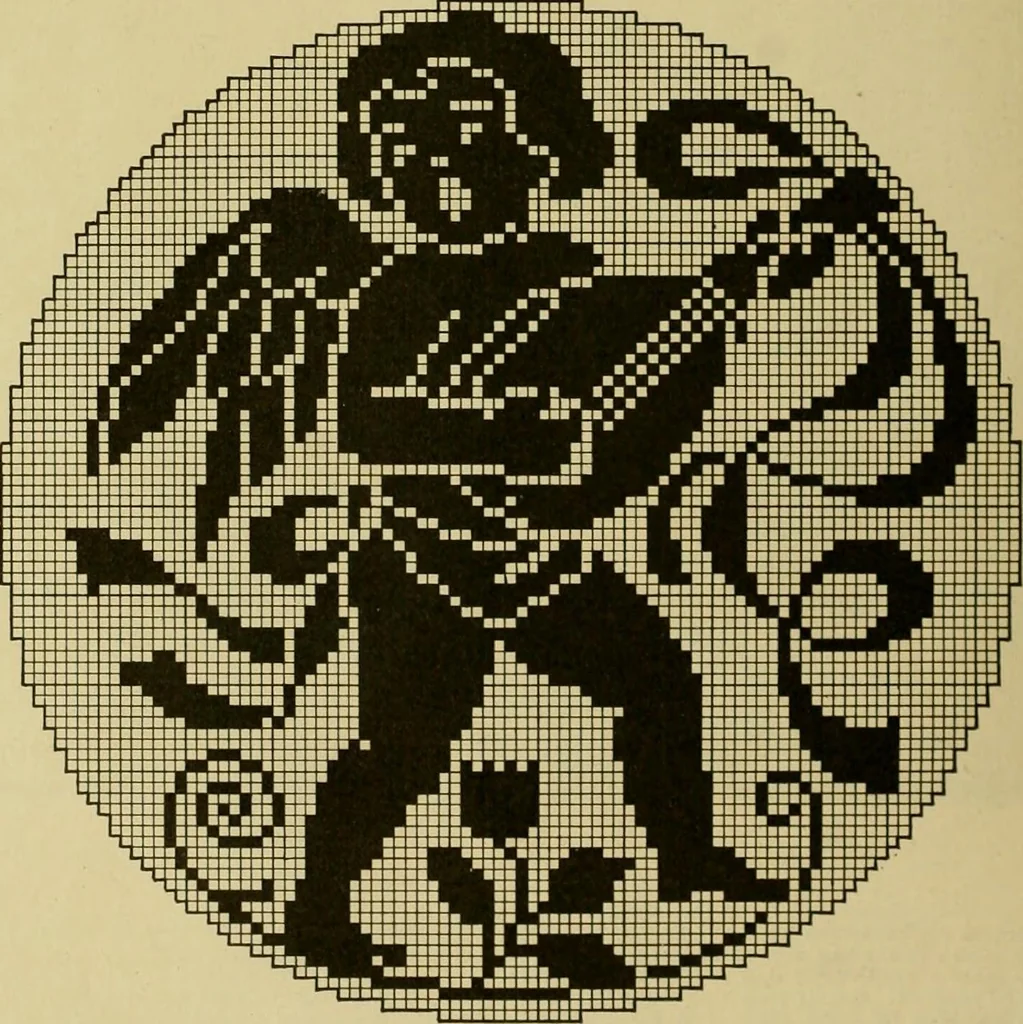 An illustration from The Priscilla filet crochet book, no. 2 ; a collection of beautiful designs in filet crochet, introducing filet crochet brodé, embroidery on crochet and cameo crochet, 1914, leaf 35