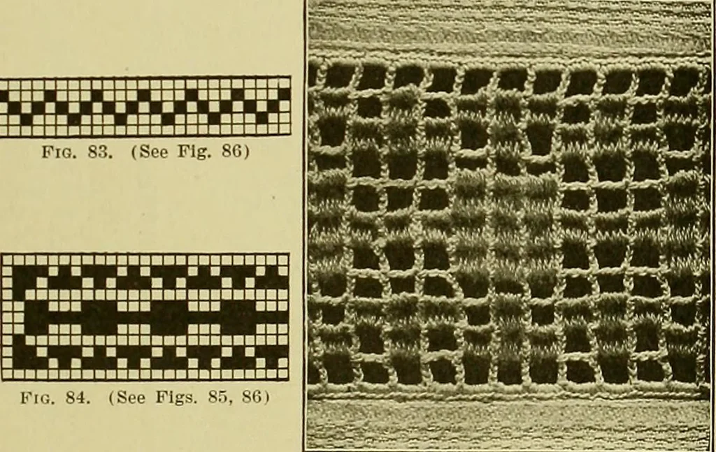 An illustration from The Priscilla filet crochet book, no. 2 ; a collection of beautiful designs in filet crochet, introducing filet crochet brodé, embroidery on crochet and cameo crochet, 1914, leaf 36