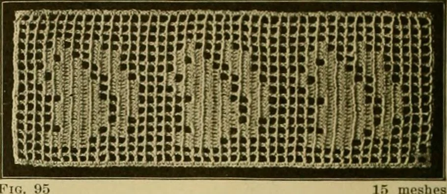 An illustration from The Priscilla filet crochet book, no. 2 ; a collection of beautiful designs in filet crochet, introducing filet crochet brodé, embroidery on crochet and cameo crochet, 1914, leaf 39