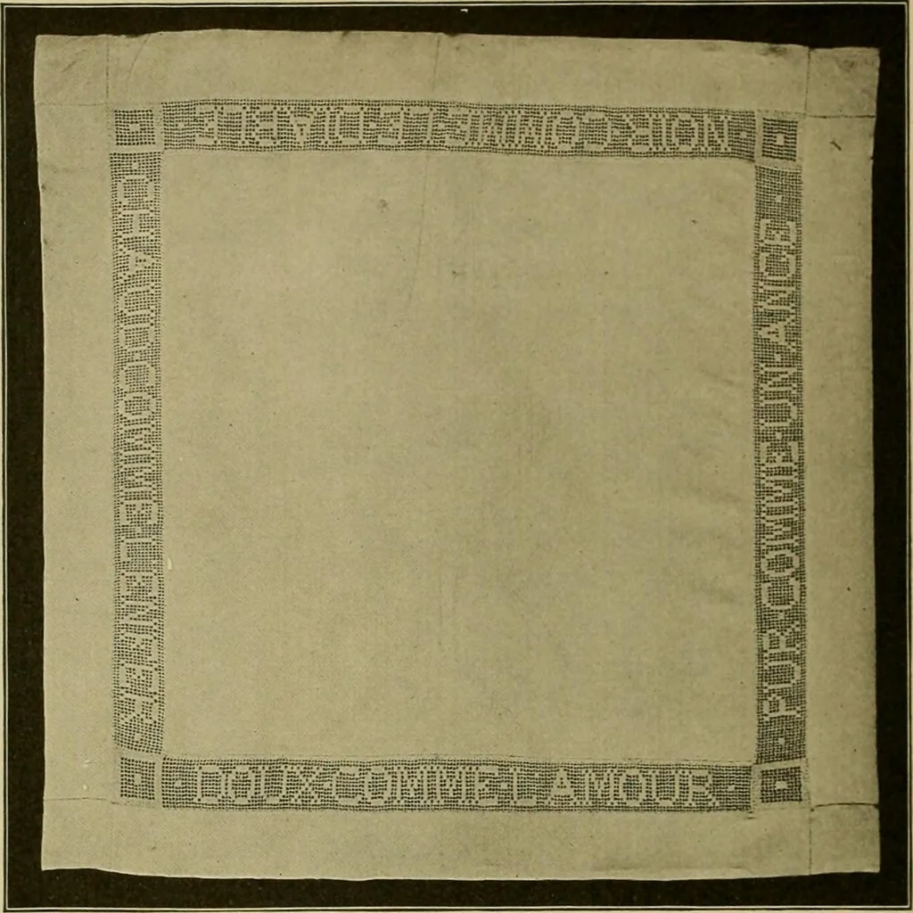 An illustration from The Priscilla filet crochet book, no. 2 ; a collection of beautiful designs in filet crochet, introducing filet crochet brodé, embroidery on crochet and cameo crochet, 1914, leaf 41