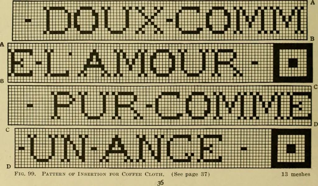 An illustration from The Priscilla filet crochet book, no. 2 ; a collection of beautiful designs in filet crochet, introducing filet crochet brodé, embroidery on crochet and cameo crochet, 1914, leaf 41