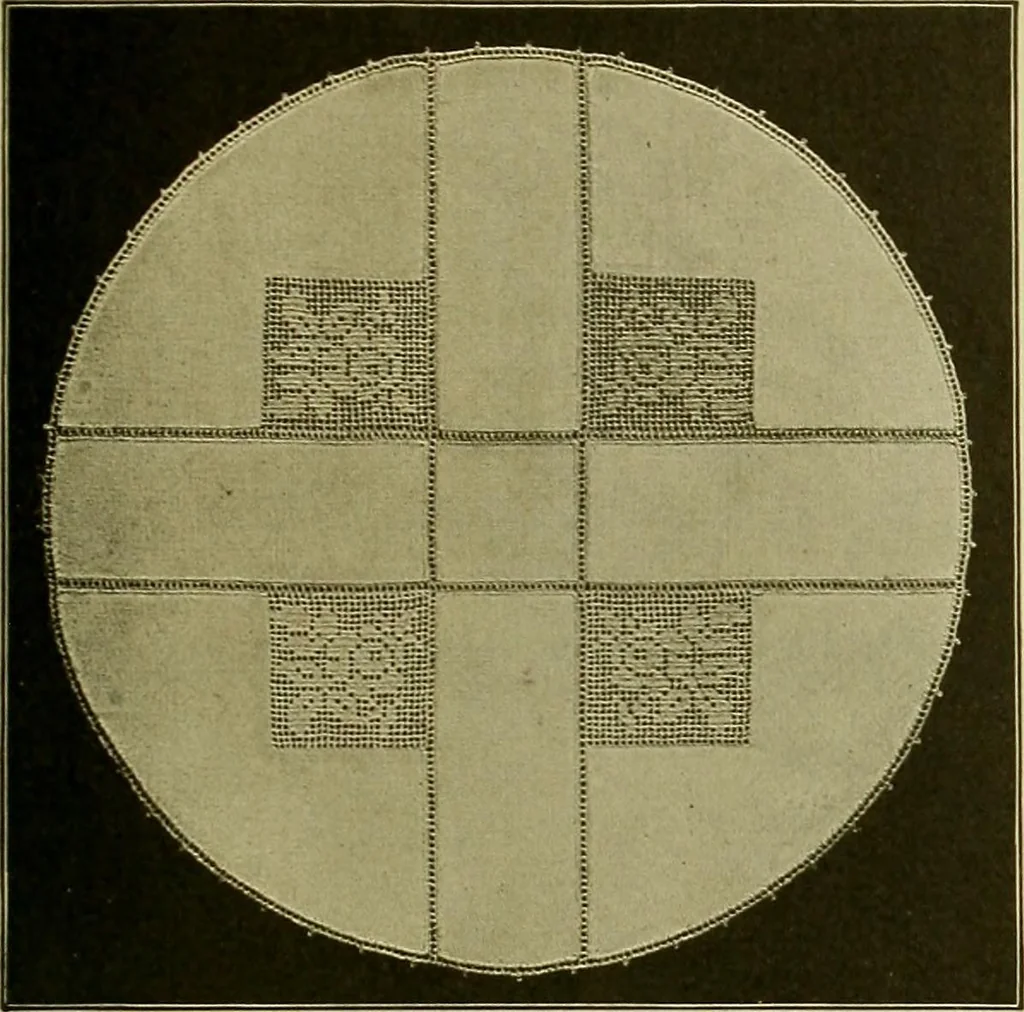 An illustration from The Priscilla filet crochet book, no. 2 ; a collection of beautiful designs in filet crochet, introducing filet crochet brodé, embroidery on crochet and cameo crochet, 1914, leaf 42