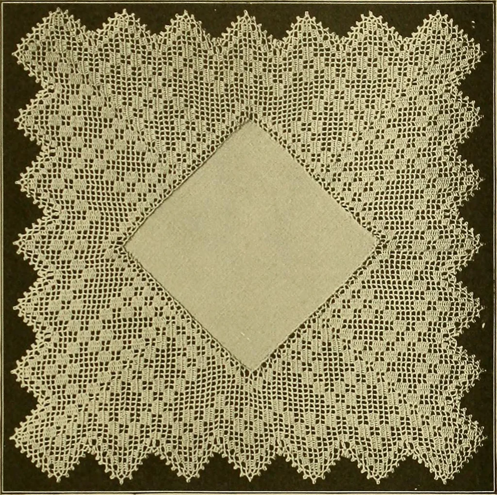 An illustration from The Priscilla filet crochet book, no. 2 ; a collection of beautiful designs in filet crochet, introducing filet crochet brodé, embroidery on crochet and cameo crochet, 1914, leaf 44