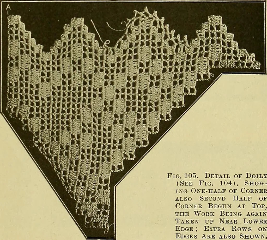 An illustration from The Priscilla filet crochet book, no. 2 ; a collection of beautiful designs in filet crochet, introducing filet crochet brodé, embroidery on crochet and cameo crochet, 1914, leaf 44