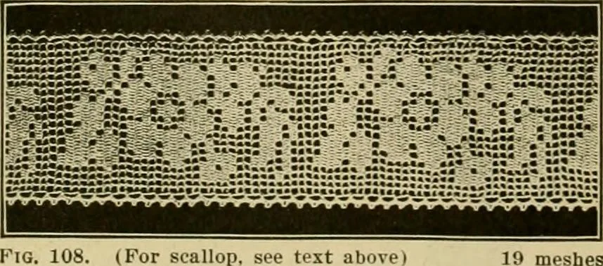 An illustration from The Priscilla filet crochet book, no. 2 ; a collection of beautiful designs in filet crochet, introducing filet crochet brodé, embroidery on crochet and cameo crochet, 1914, leaf 45