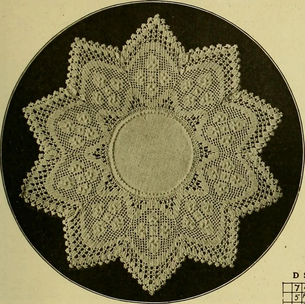 An illustration from The Priscilla filet crochet book, no. 2 ; a collection of beautiful designs in filet crochet, introducing filet crochet brodé, embroidery on crochet and cameo crochet, 1914, leaf 46