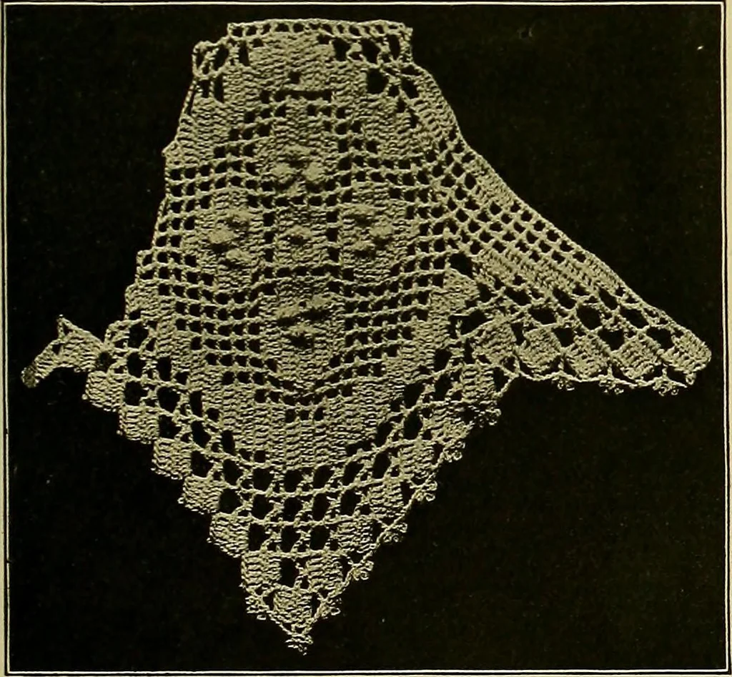 An illustration from The Priscilla filet crochet book, no. 2 ; a collection of beautiful designs in filet crochet, introducing filet crochet brodé, embroidery on crochet and cameo crochet, 1914, leaf 46
