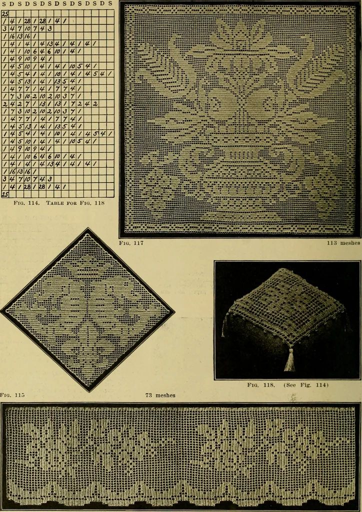 An illustration from The Priscilla filet crochet book, no. 2 ; a collection of beautiful designs in filet crochet, introducing filet crochet brodé, embroidery on crochet and cameo crochet, 1914, leaf 47