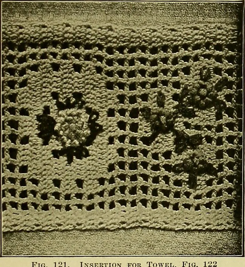 An illustration from The Priscilla filet crochet book, no. 2 ; a collection of beautiful designs in filet crochet, introducing filet crochet brodé, embroidery on crochet and cameo crochet, 1914, leaf 48