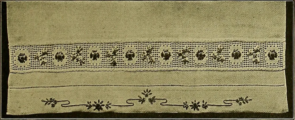 An illustration from The Priscilla filet crochet book, no. 2 ; a collection of beautiful designs in filet crochet, introducing filet crochet brodé, embroidery on crochet and cameo crochet, 1914, leaf 48