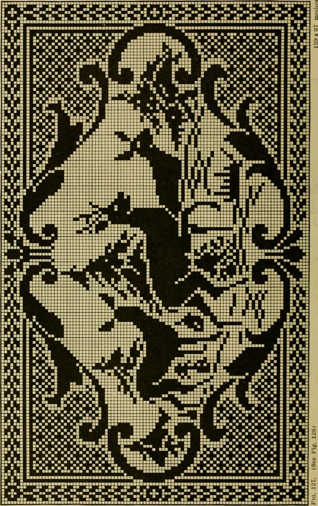 An illustration from The Priscilla filet crochet book, no. 2 ; a collection of beautiful designs in filet crochet, introducing filet crochet brodé, embroidery on crochet and cameo crochet, 1914, leaf 51