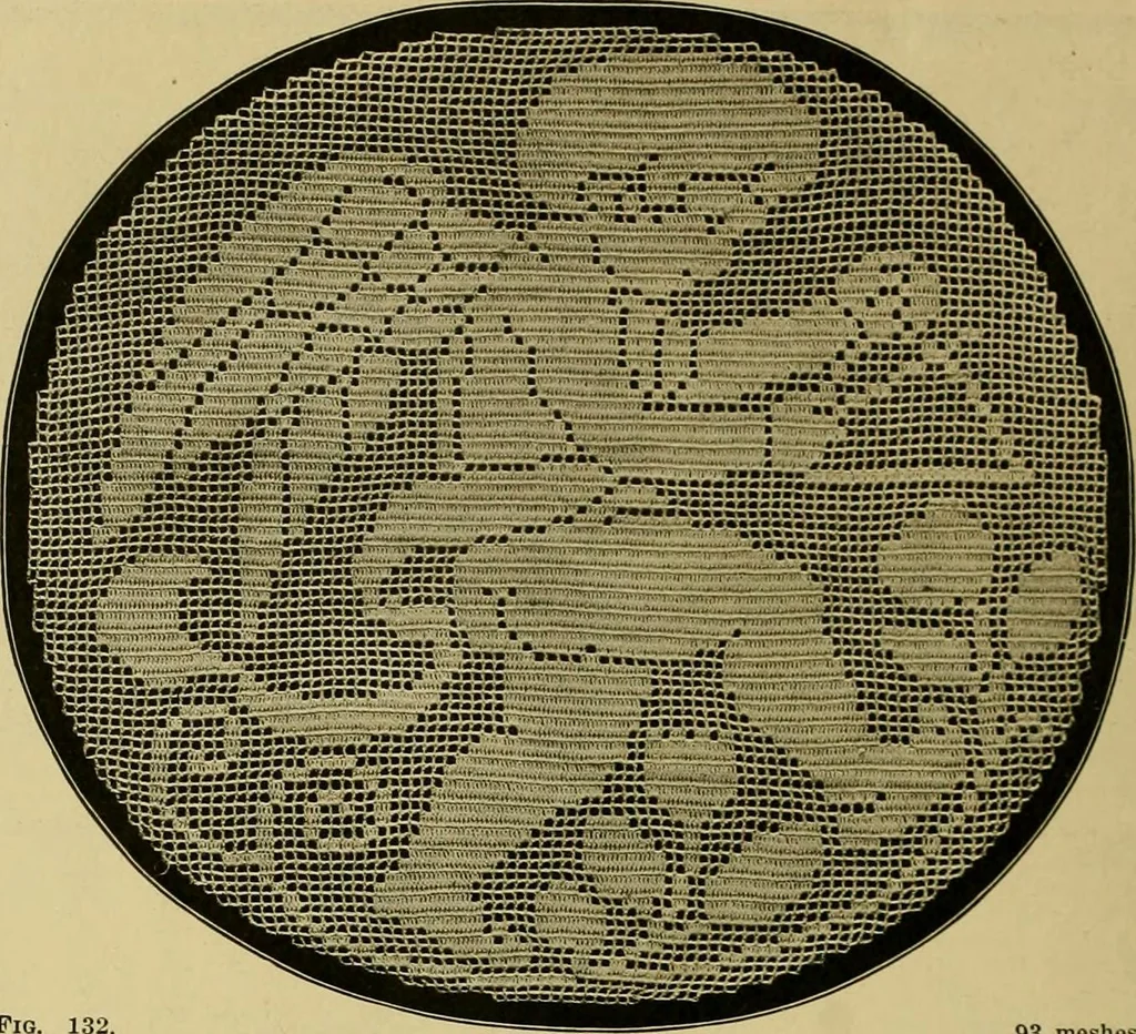 An illustration from The Priscilla filet crochet book, no. 2 ; a collection of beautiful designs in filet crochet, introducing filet crochet brodé, embroidery on crochet and cameo crochet, 1914, leaf 53